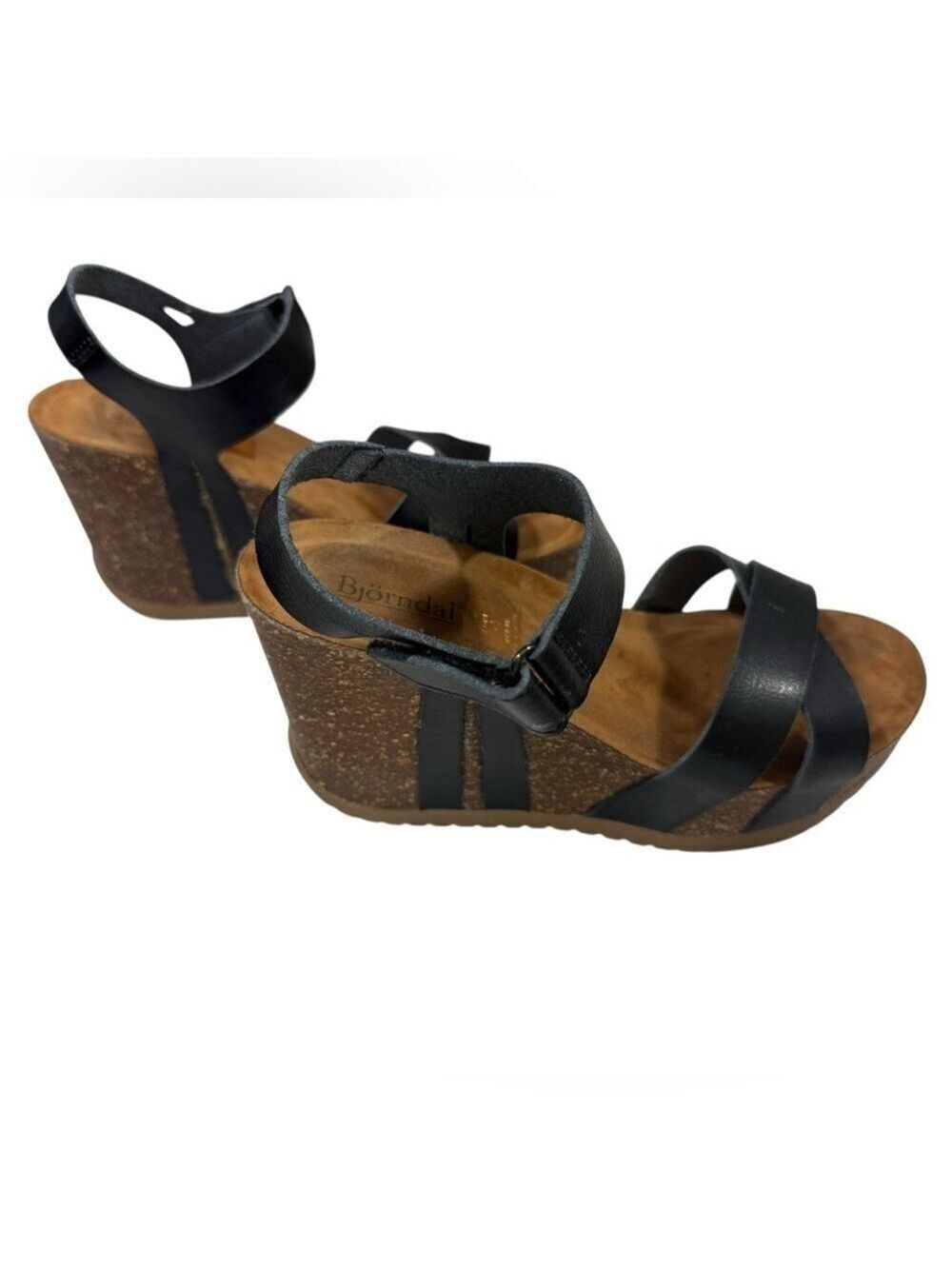 Bjorndal Kori 4” Wedge Black Crisscross Strappy Sandals Leather Cork Sole